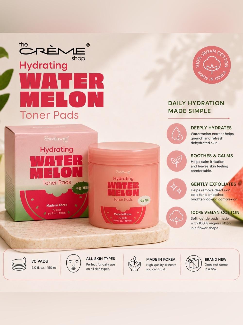 NEW/NIB/Sealed The Crème Shop Hydrating Watermelon Toner Pads (70 Pads/150 mL)